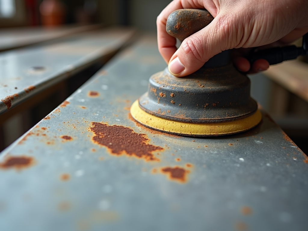 Sanding rust from a metal bench.
