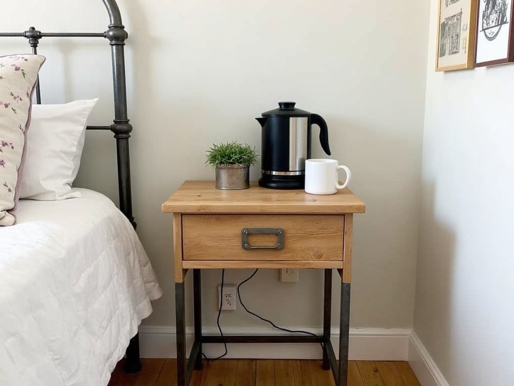 A nightstand repurposed as a coffee station in a small kitchen.