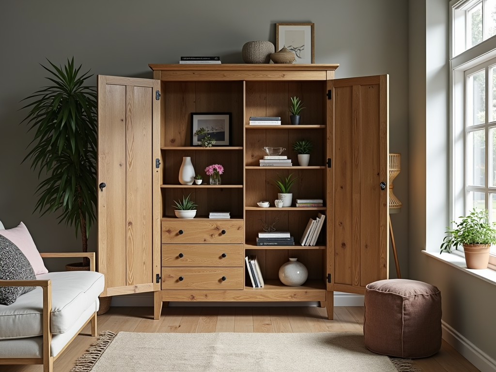 Rustic armoire in a living room