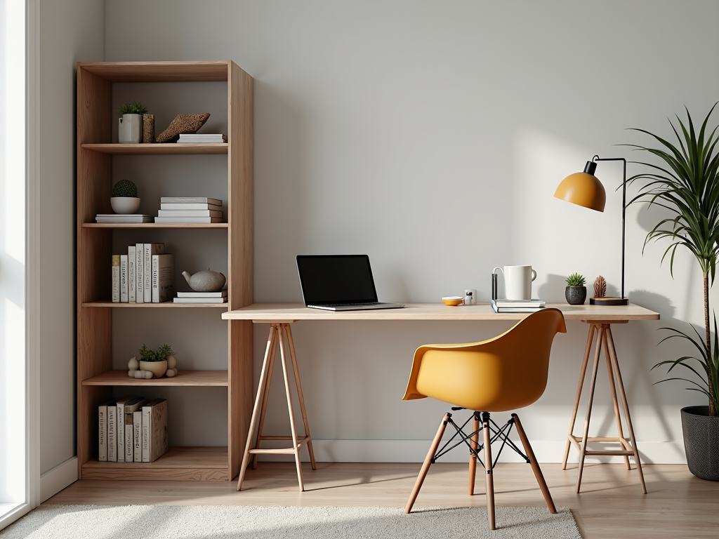 A home office with a wall-mounted desk and bookshelf with an integrated desk, proving multi-functional furniture can create a workspace in small areas.