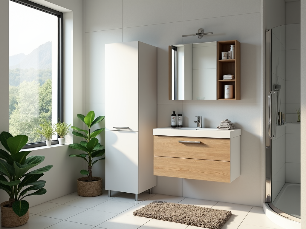 A well-organized small bathroom with vertical storage solutions.