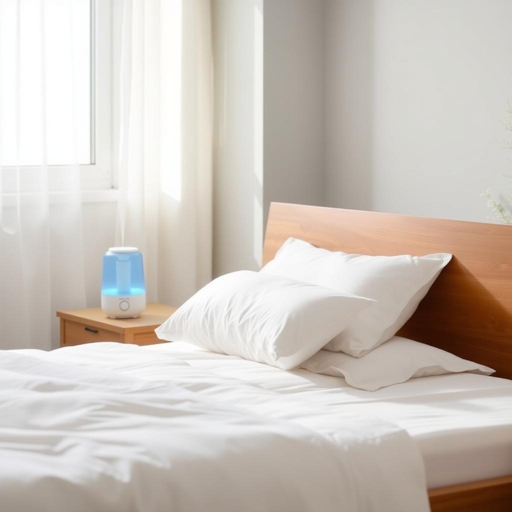 Modern bedroom with a wooden bed and a humidifier on a bedside table
