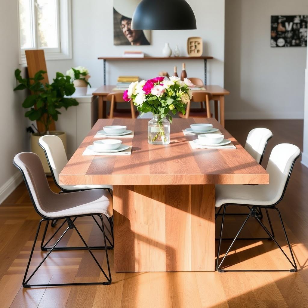 Modern dining room with eco-friendly walnut table, recycled metal chairs, and organic cotton upholstery.