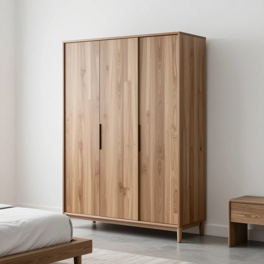 Elegant wooden armoire providing hidden storage in a minimalist bedroom
