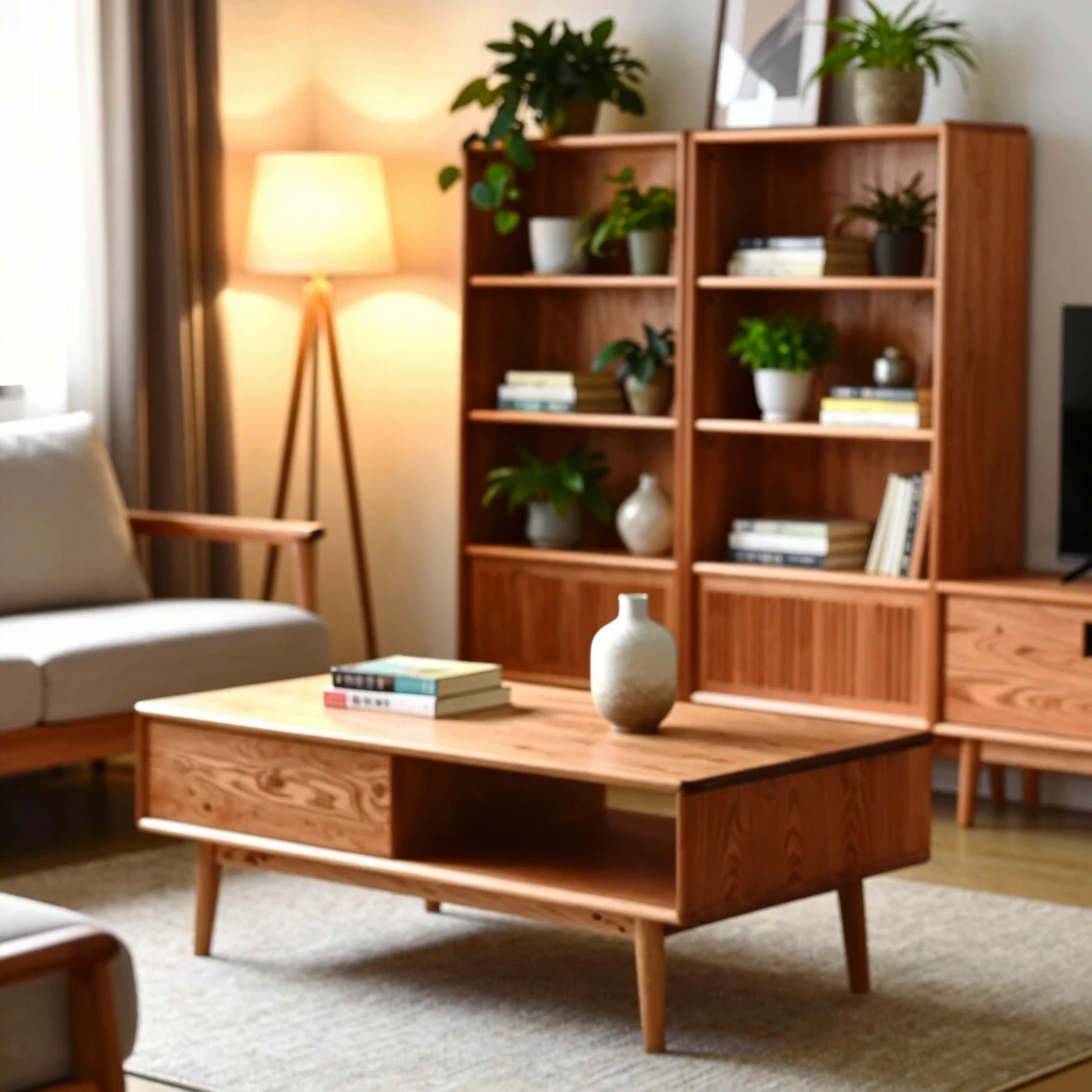 Living room featuring oak table and cherry shelves in home decor