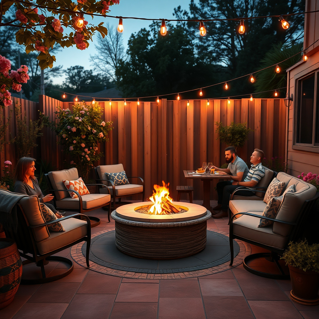 Complete patio setup with multifunctional fire pit chairs and dining table at twilight