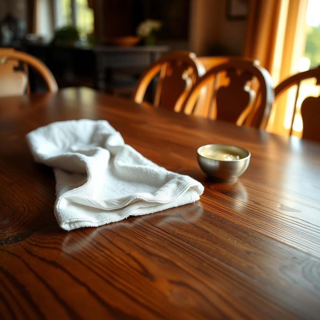 Polished wooden dining table being cleaned with a soft cloth in a cozy dining room.