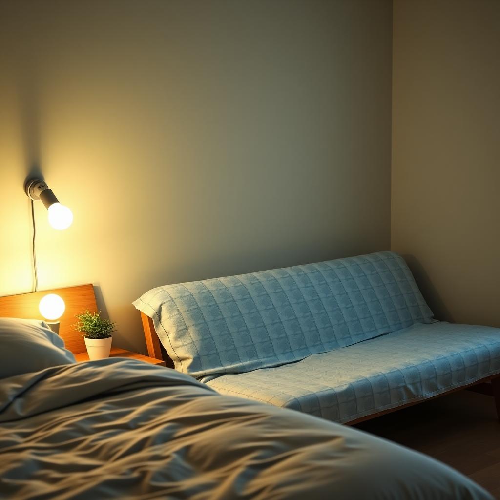 Cozy bedroom with a warm white LED bulb in a bedside lamp and a futon with a blue patterned cover.