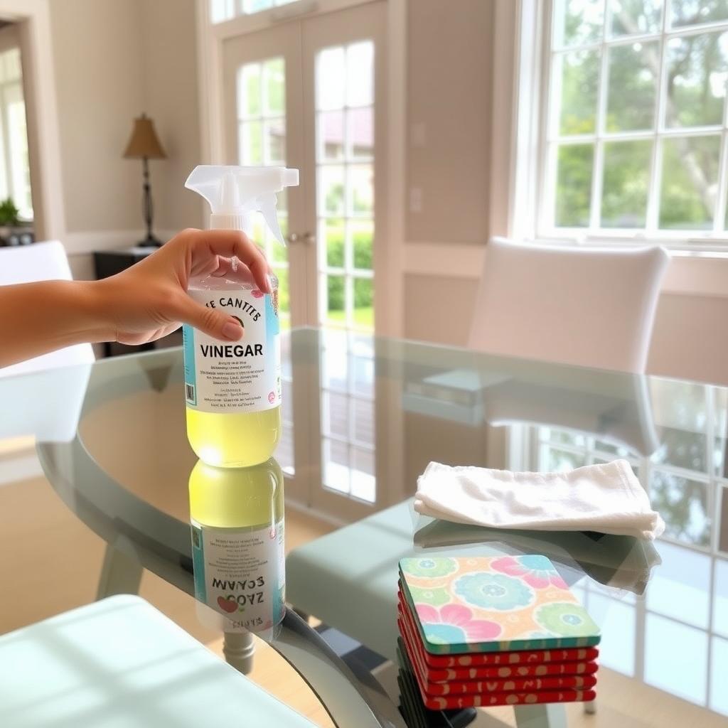 Glass-top dining table being cleaned with vinegar solution and a lint-free cloth.