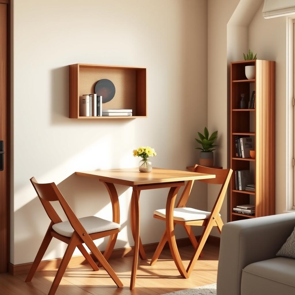Cozy small living room with a wall-mounted wooden dining table, two cushioned chairs, and a tall wooden bookshelf.