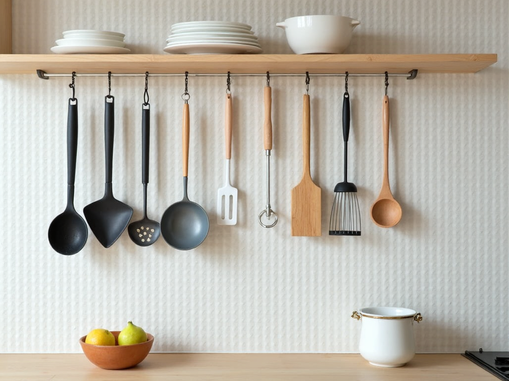 A pegboard in a kitchen with various utensils hanging on it.