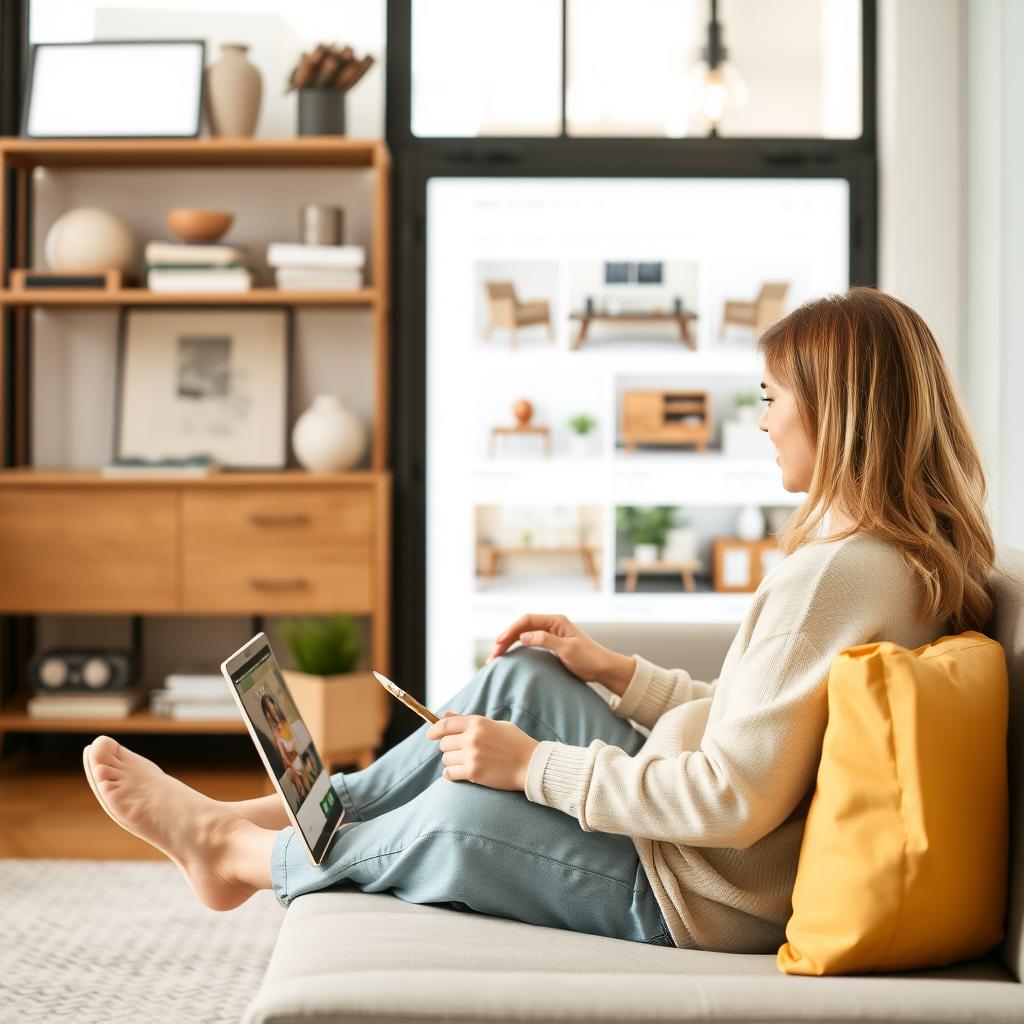 A person sitting at a laptop, browsing an online furniture sale. The screen displays a variety of sofas and chairs with sale tags. The room is cozy, with a cup of coffee on the desk and a notepad for jotting down notes.