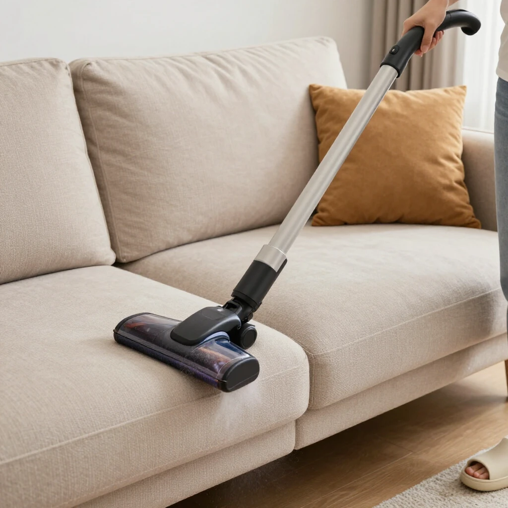 Person vacuuming dust from an upholstered sofa