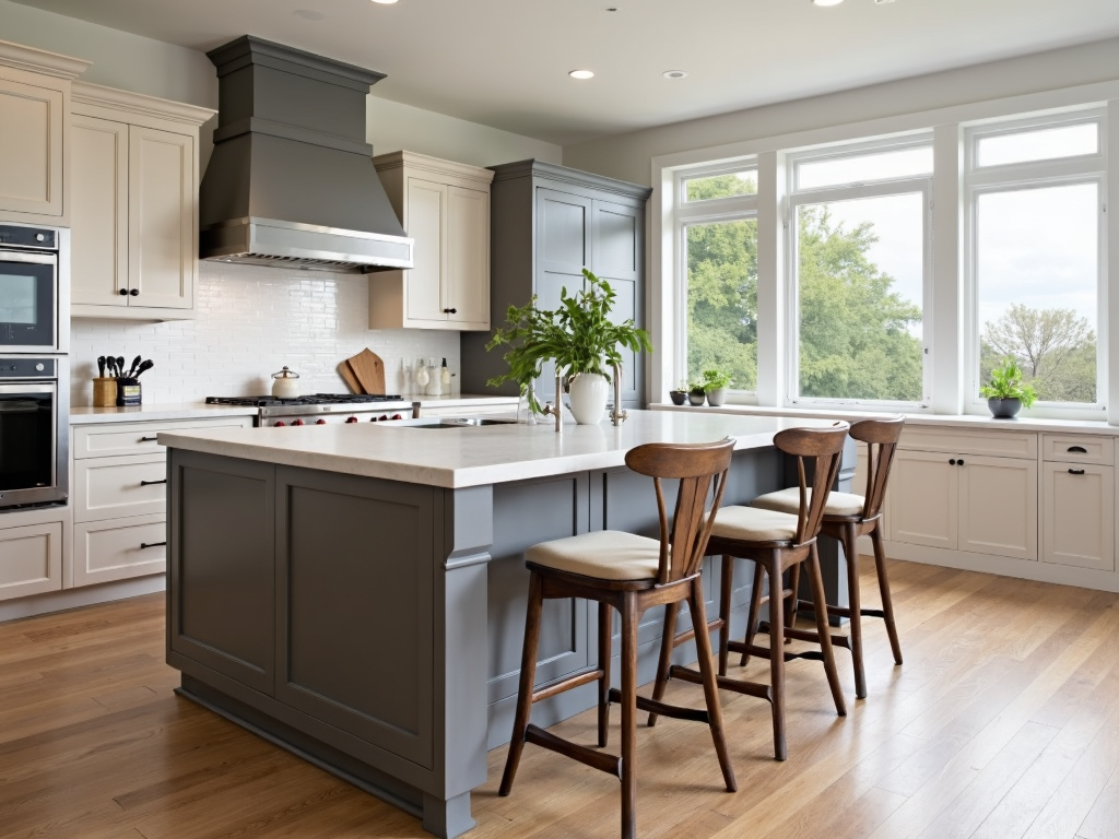 A kitchen island with comfortable, stylish bar stools.
