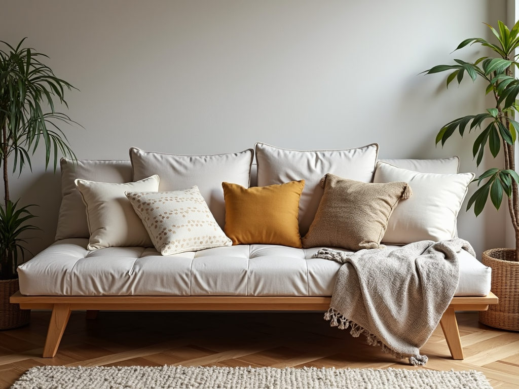 Futon with decorative pillows and blanket