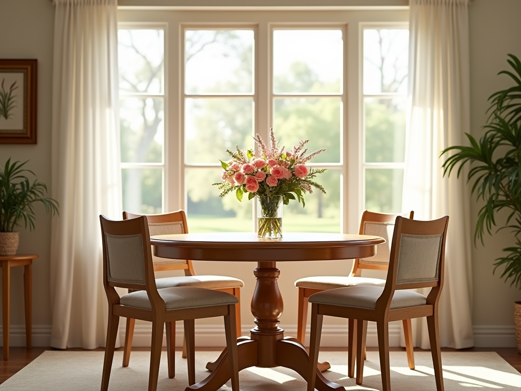 A sunny dining room with a wooden dining set.