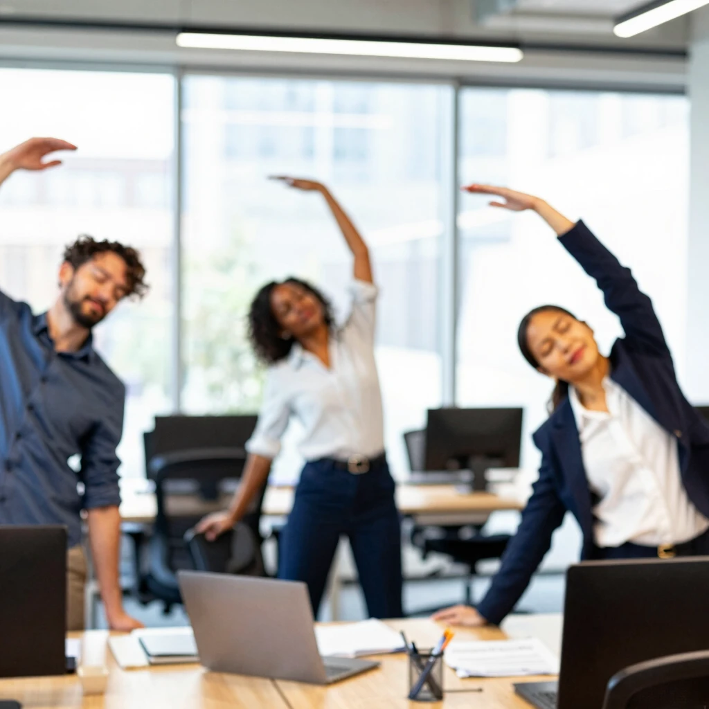 Office workers doing standing stretches at their desks to stay active during the workday