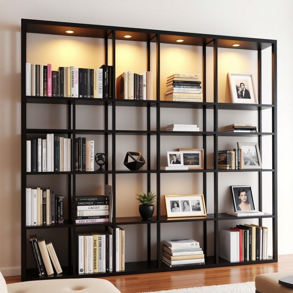 A modern bookshelf with neatly arranged books, bookends, and a potted plant in a minimalist living room.