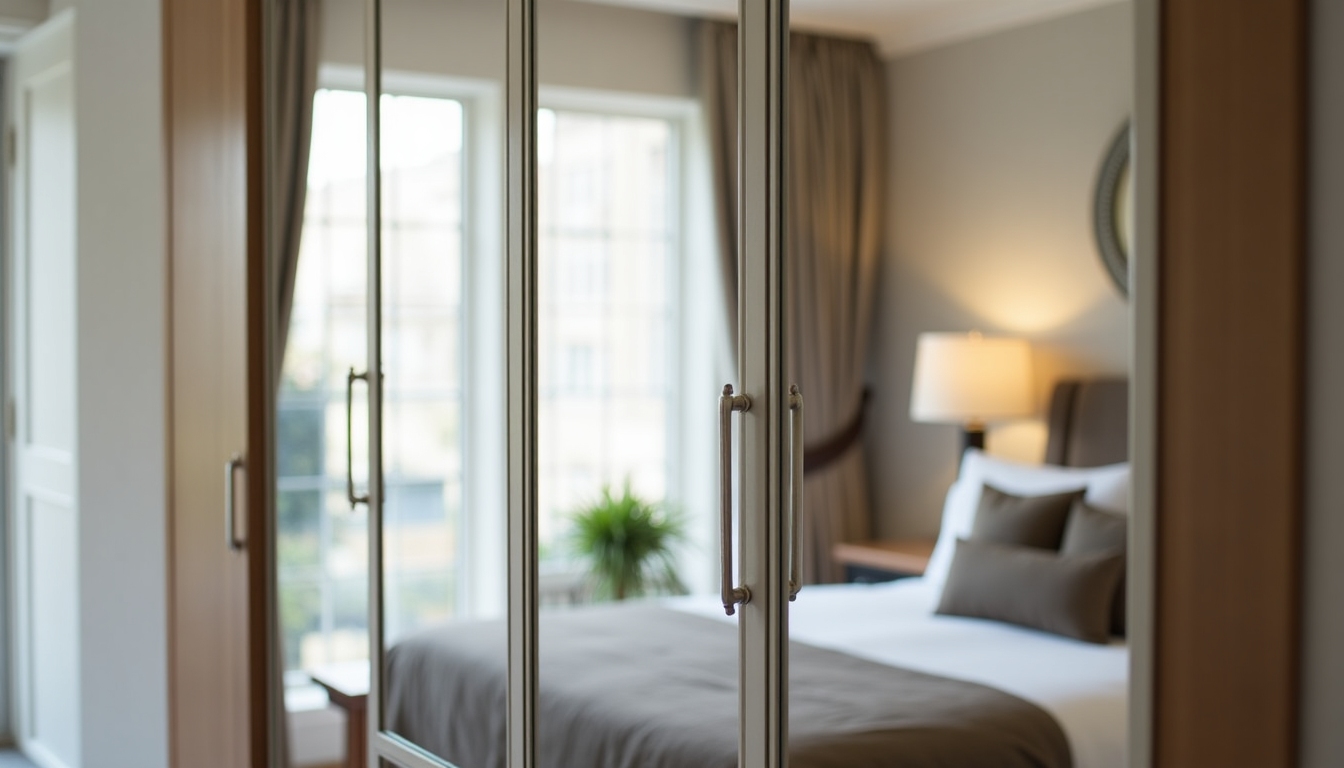 A modern wardrobe with a mirror in a chic bedroom.