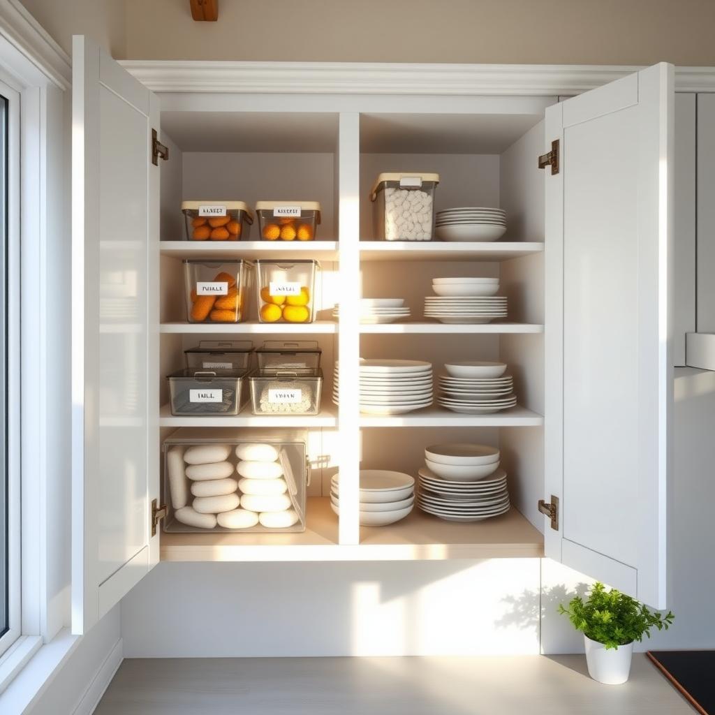 Open kitchen cabinet with organized storage bins, labeled jars, and stacked dishes
