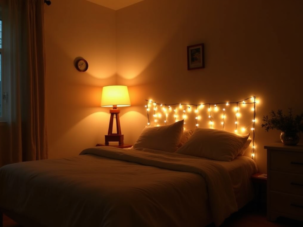 A cozy bedroom with warm lighting and plush bedding