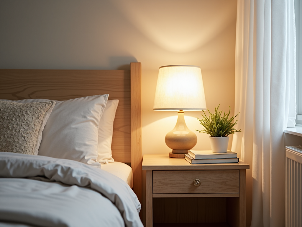 Organized bedroom with nightstand