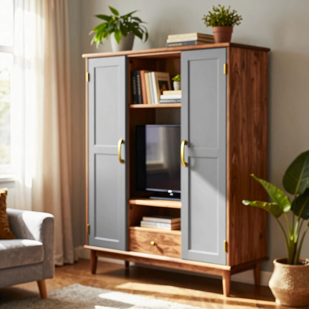 Upcycled armoire turned entertainment center in a sunny living room