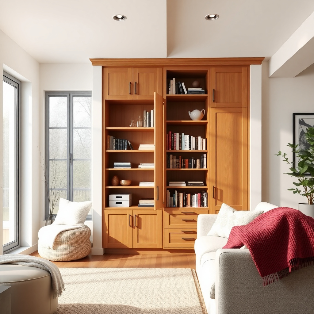Cozy living room with integrated cabinet furniture for storage