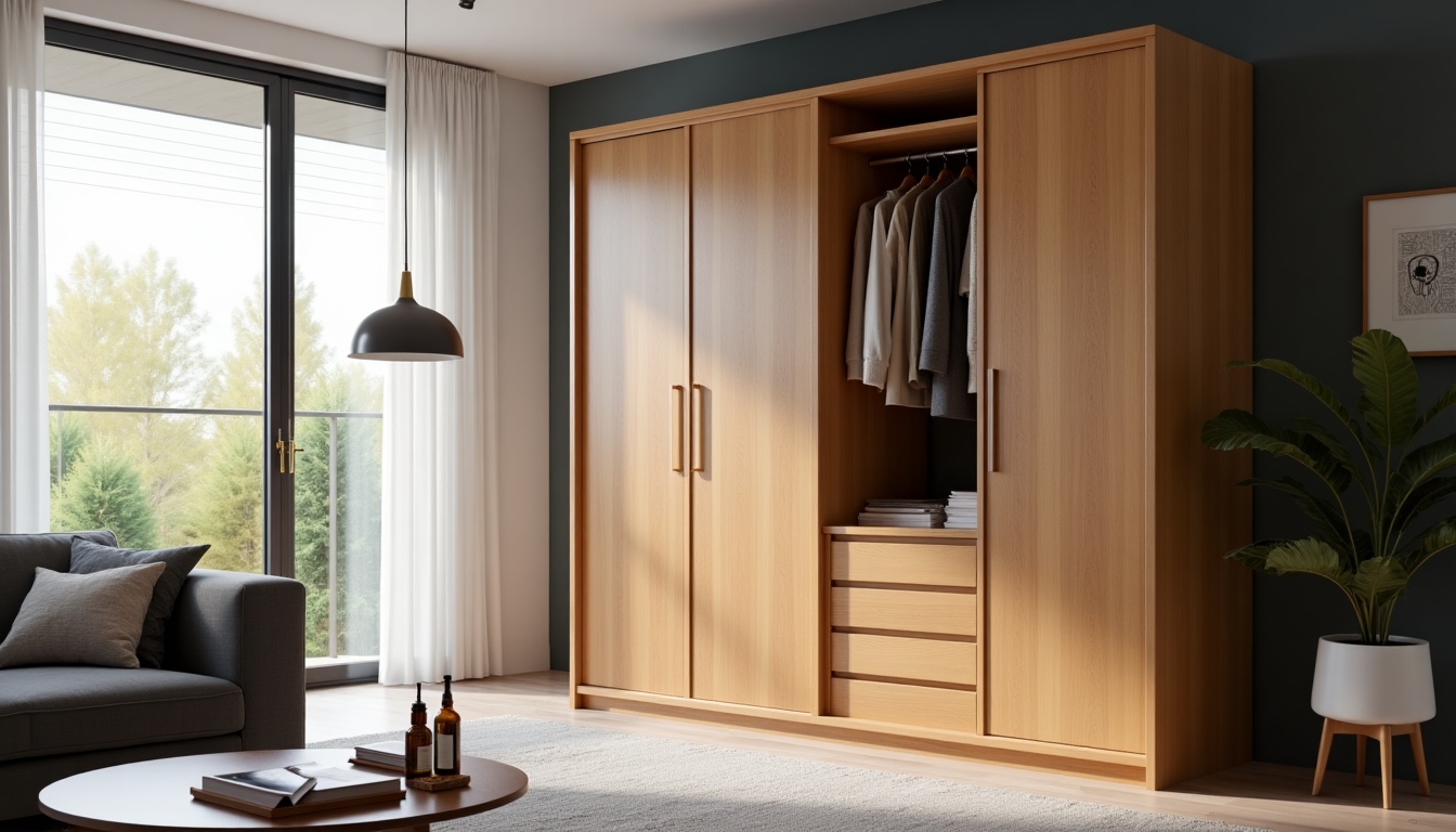 A wooden multifunctional armoire with hidden compartments in a modern living room.