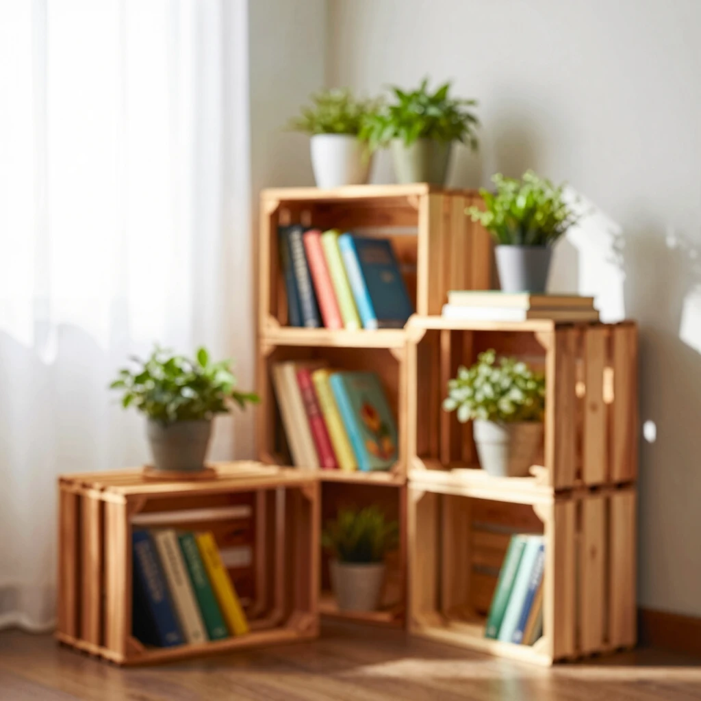 Cozy living room with repurposed crate bookshelves and plants