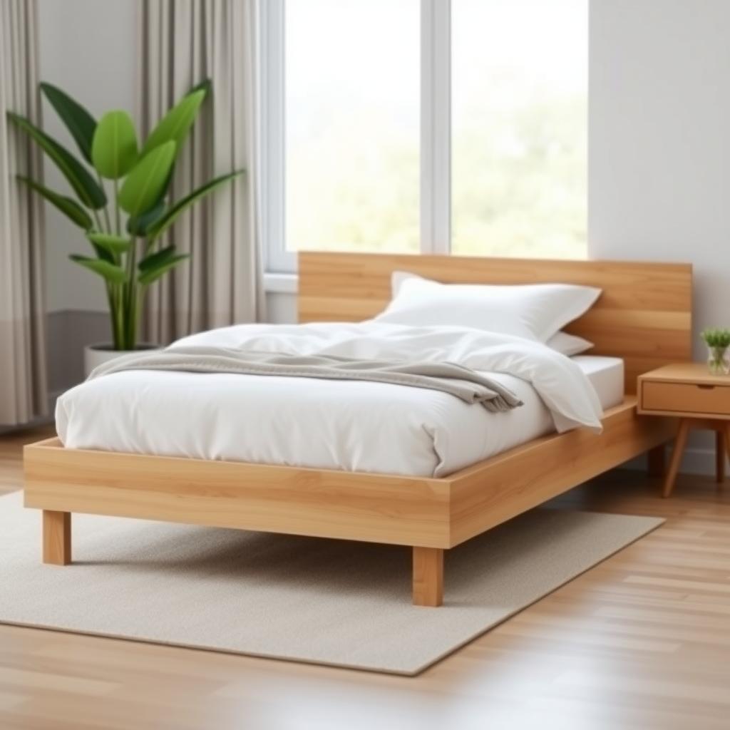 Modern minimalist bedroom with a sleek wooden bed frame and white linens