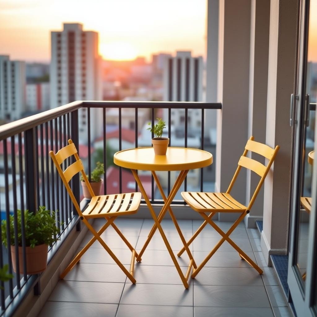 Compact mustard yellow bistro table and chairs on a tiled balcony with a potted herb garden and a cityscape sunset in the background.