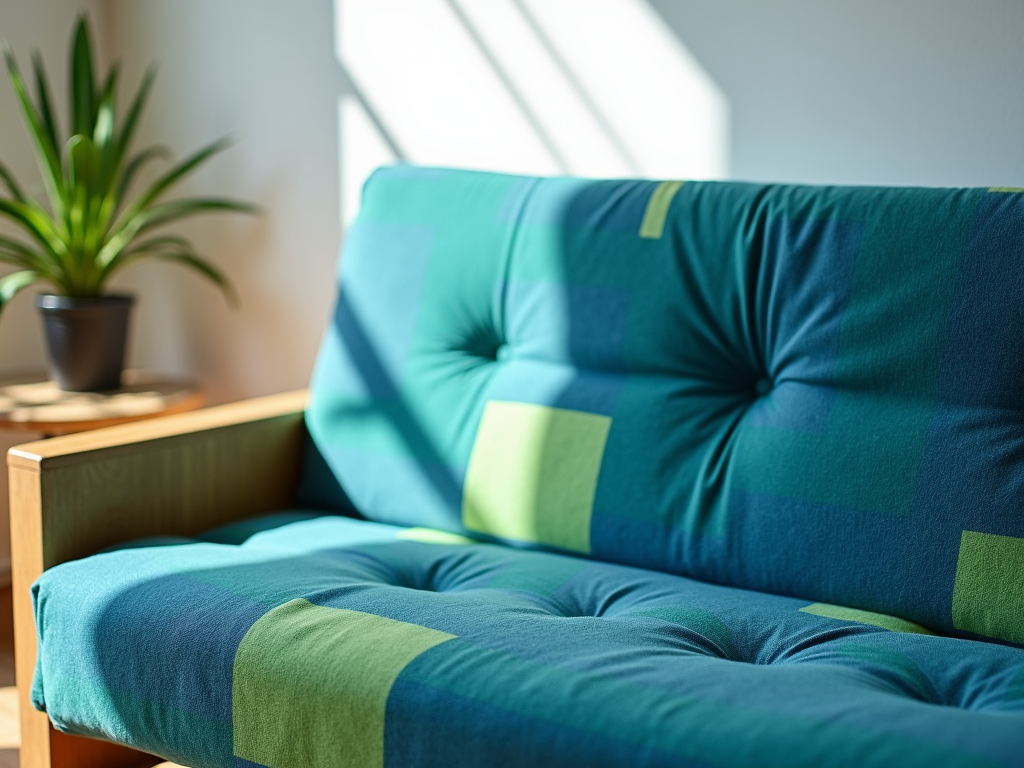 A futon with a customizable cover featuring a geometric pattern, showcasing unique style options.