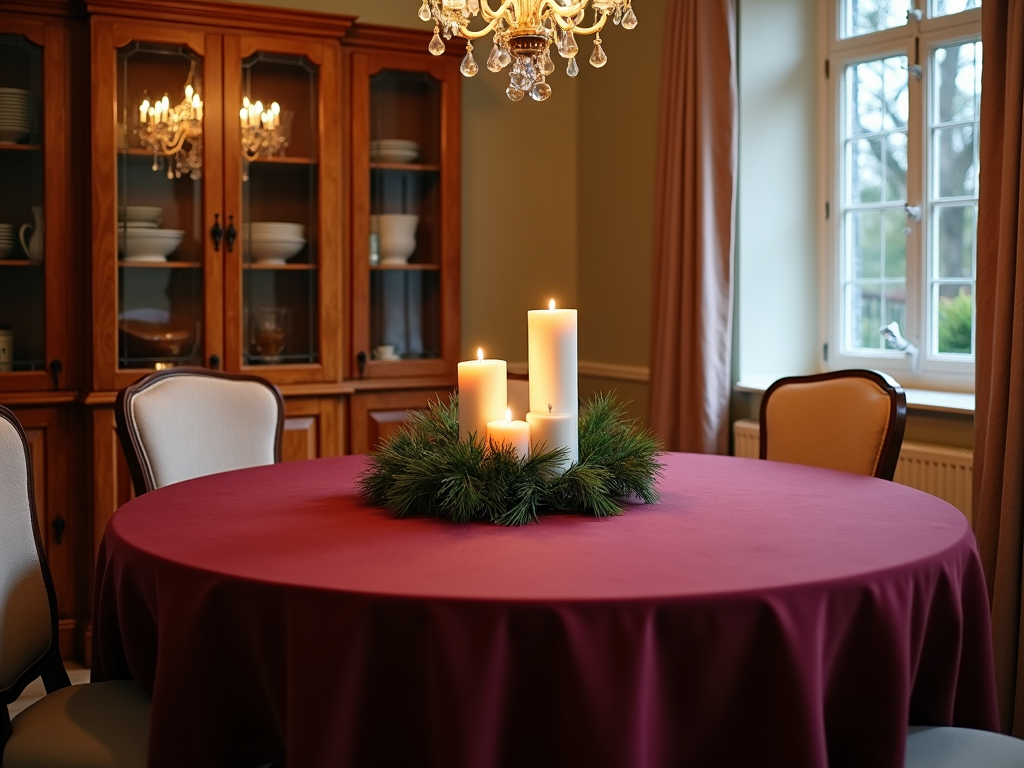 A cozy dining room with a festive table and warm lighting.