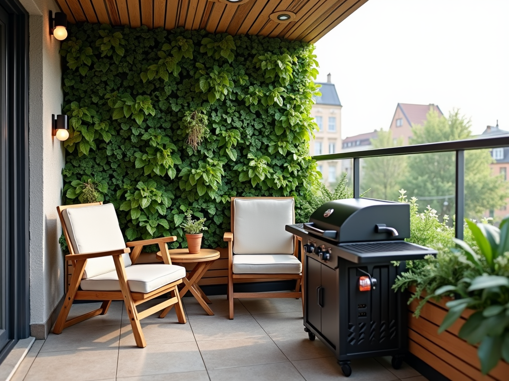 Small balcony with vertical garden and foldable furniture