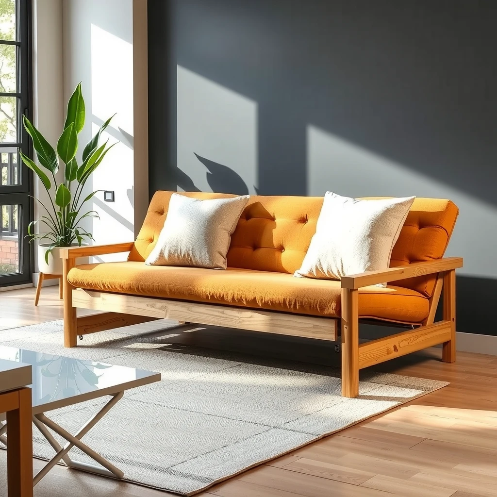 Stylish modern futon frame made from sustainable bamboo in a contemporary home