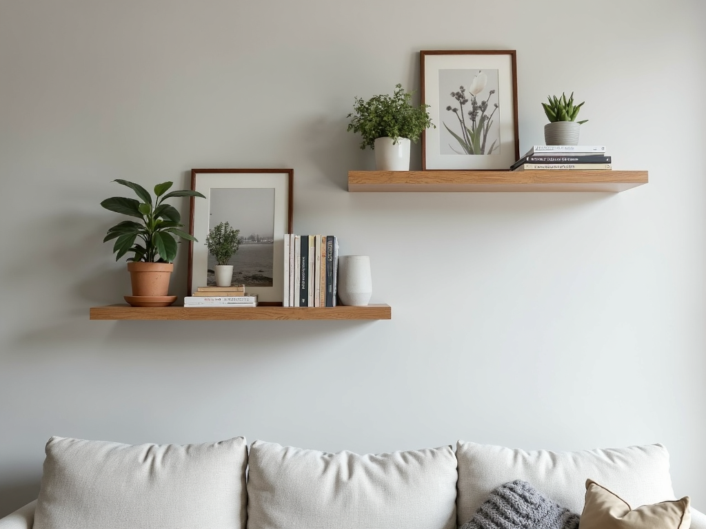 Floating shelves in a small living room