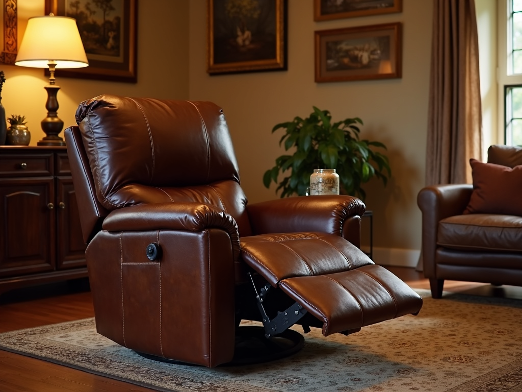 A comfortable leather recliner in a welcoming living room.