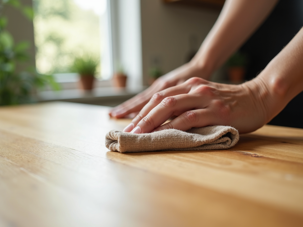 Dusting a wooden table with a soft cloth