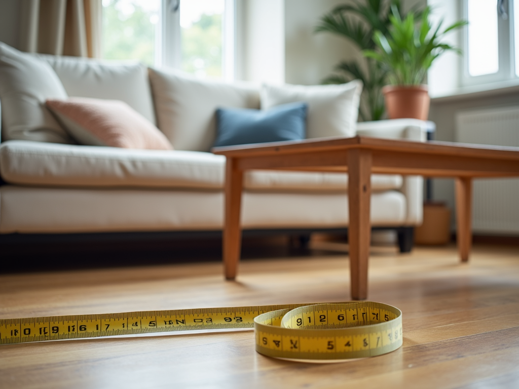 Living room setup with sofa and measuring tape for furniture planning.