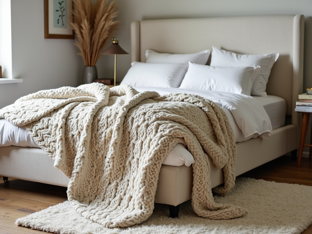 Bedroom with layered textures and soft fabrics