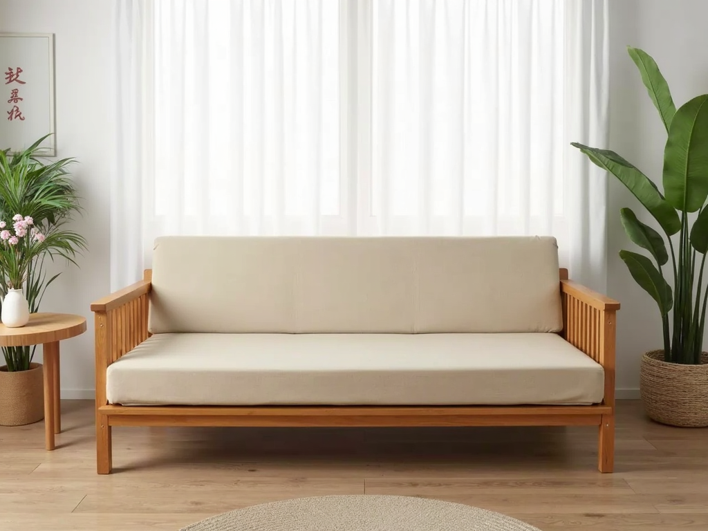 A multifunctional futon sofa in a stylish living room, demonstrating its space-saving and versatile design.