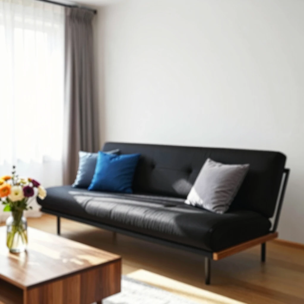 Modern black futon sofa in a sunlit living room