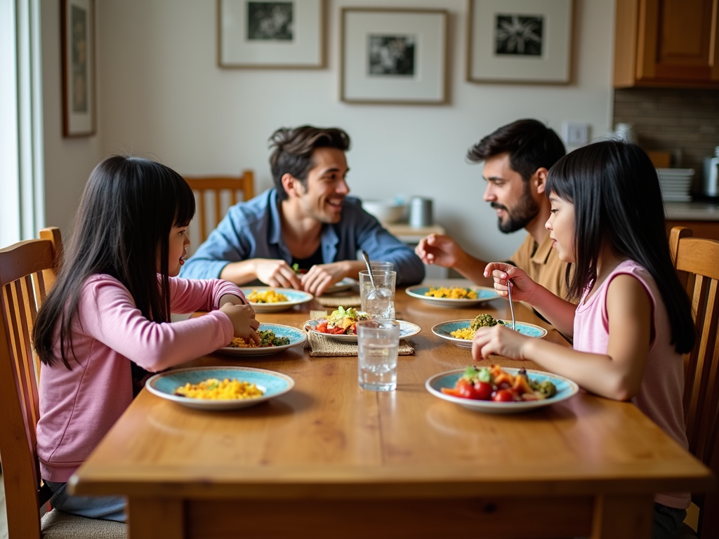 A family enjoying dinner at a wooden dining set.