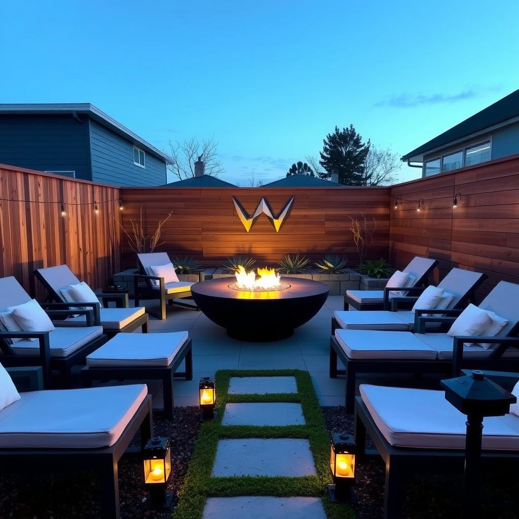 Modern patio with fire pit and geometric wall art