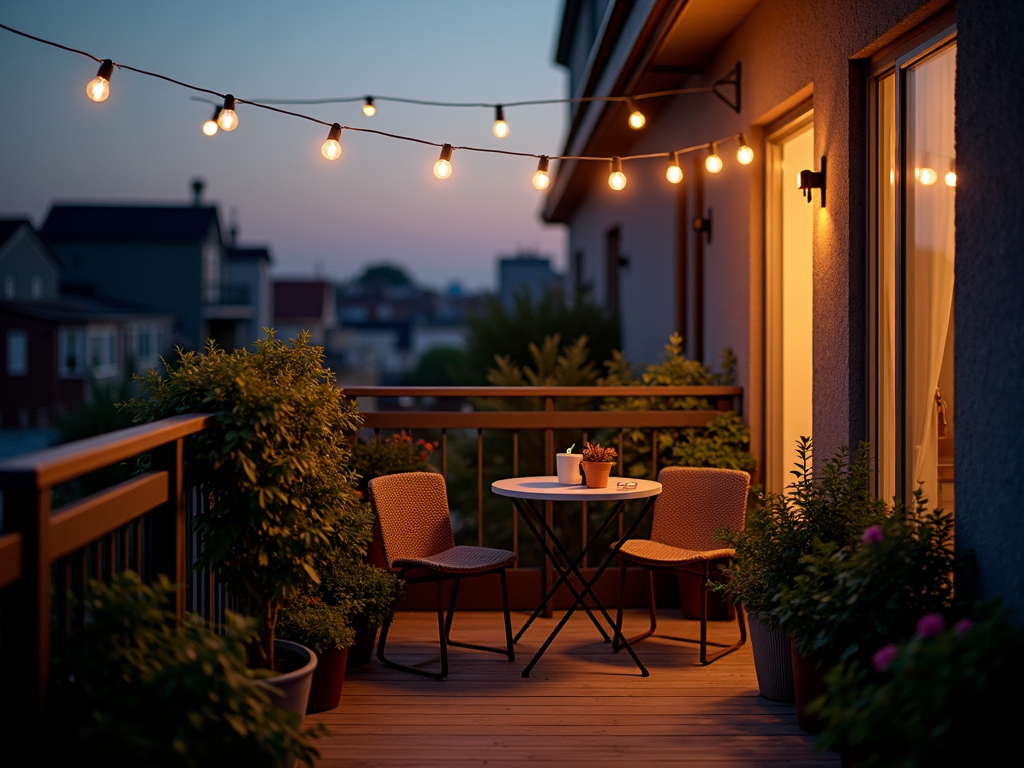 Cozy small balcony with bistro set and string lights