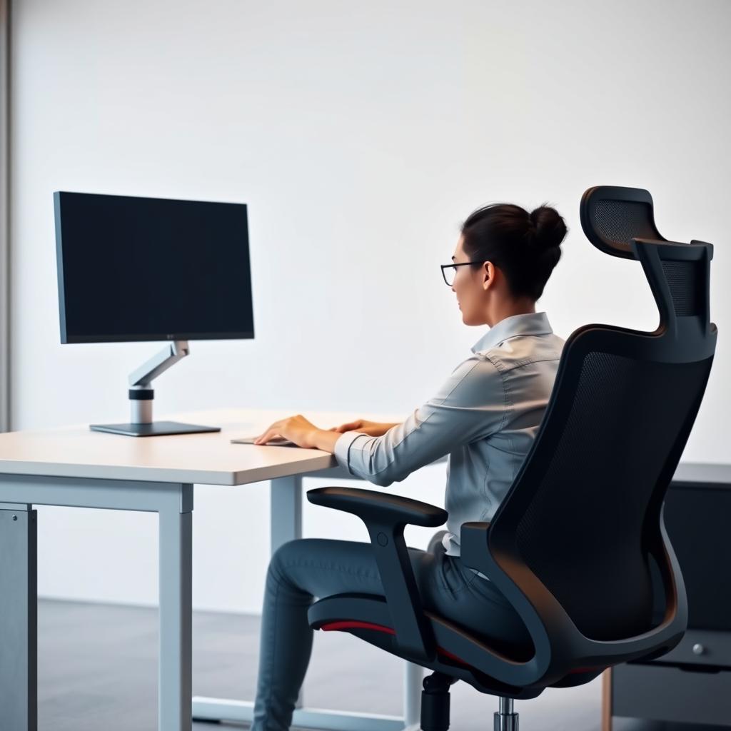 Person working in an ergonomic office chair at an adjustable desk
