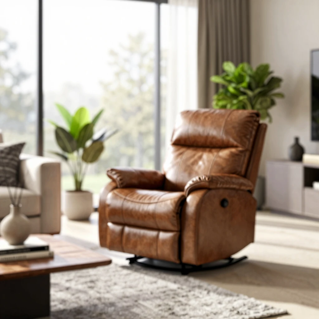 Cozy modern living room with leather recliner as focal point, neutral colors, plants, and natural light