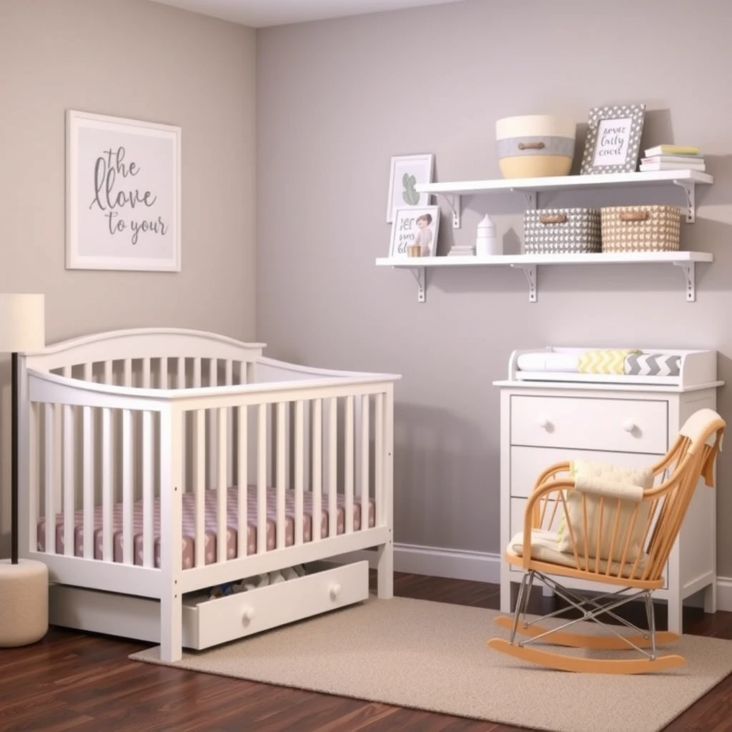 Multifunctional furniture pieces for a small nursery including storage crib and dresser-changer combo
