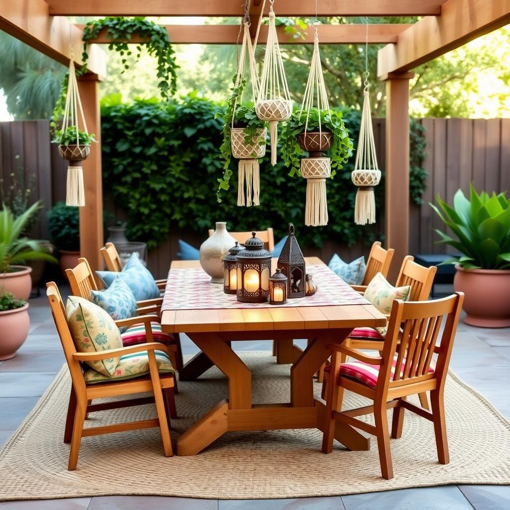 Bohemian patio with teak table and macramé planters